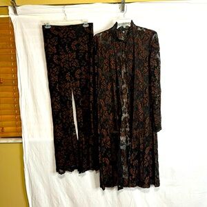 Two piece set Black lace. Pants have tapered belled bottoms. Black and brown